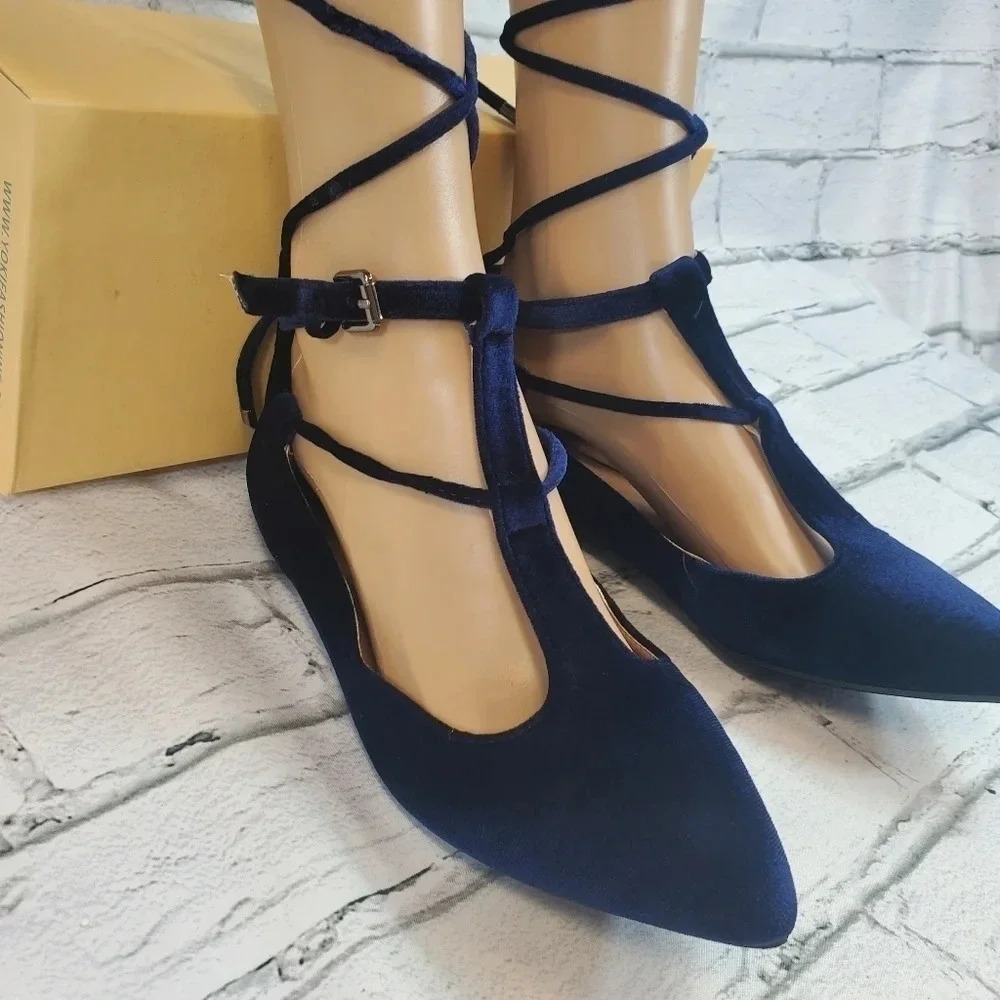 YOKI URBAN 80 Navy Blue Velour Gladiator Laces Flats NWT - Picture 3 of 12